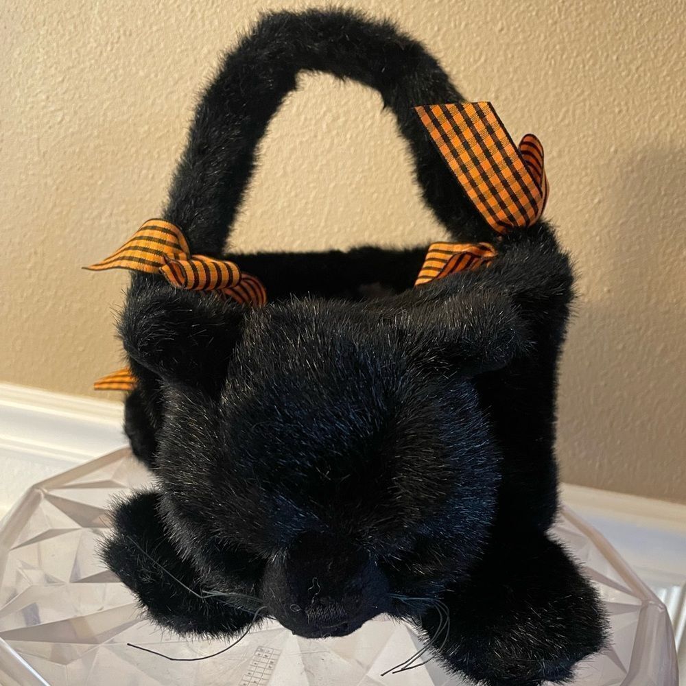 Bearington Collection Jinx Plush Black Cat Orange Bows Basket